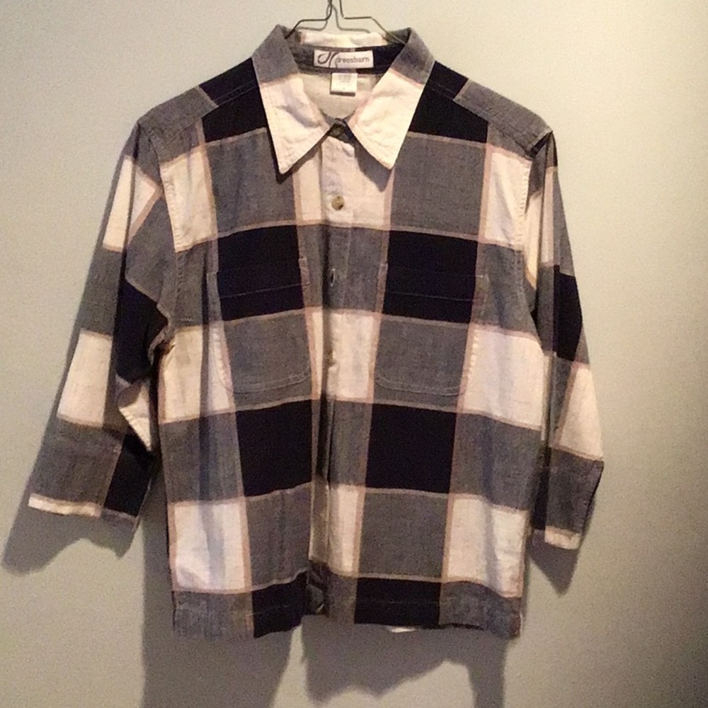 Dress Barn Blue/White Plaid 3/4 Sleeve Button Down Shirt Small 2 Front Pockets